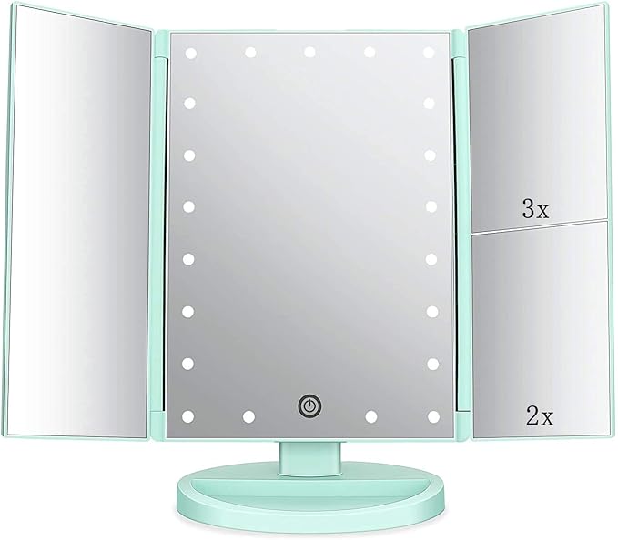 Tri-fold Lighted Vanity Makeup Mirror with 3x/2x Magnification,21 LEDs Light and Touch Screen,180 Degree Free Rotation Countertop Cosmetic Mirror,Travel (Green)