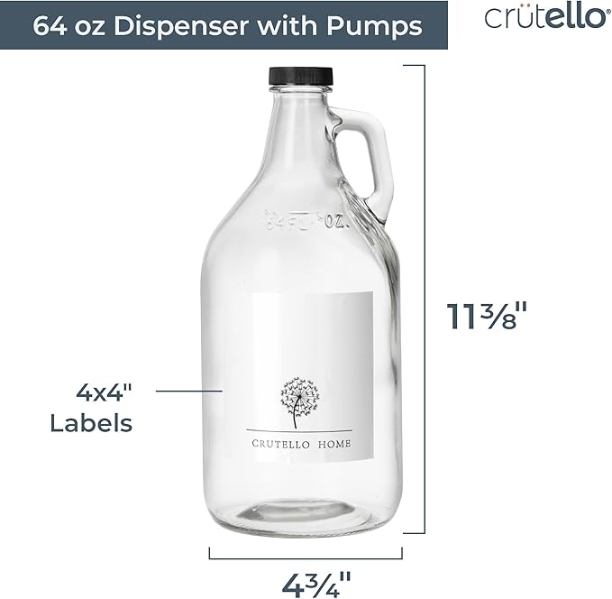 Crutello 64 oz Glass Laundry Detergent Dispenser for Detergent, Bleach, Syrup Pump Dispenser, Ketchup Pump, Glass Pump Bottle for Laundry Room Decor with Spray Bottle for Cleaning Solutions