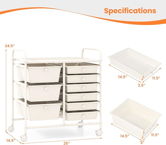 Giantex 9 Drawers Rolling Cart, Classroom Organizers, Storage Cart with Wheels, for Teacher Office Home School Supplies Tool Craft Art Paper, Ivory