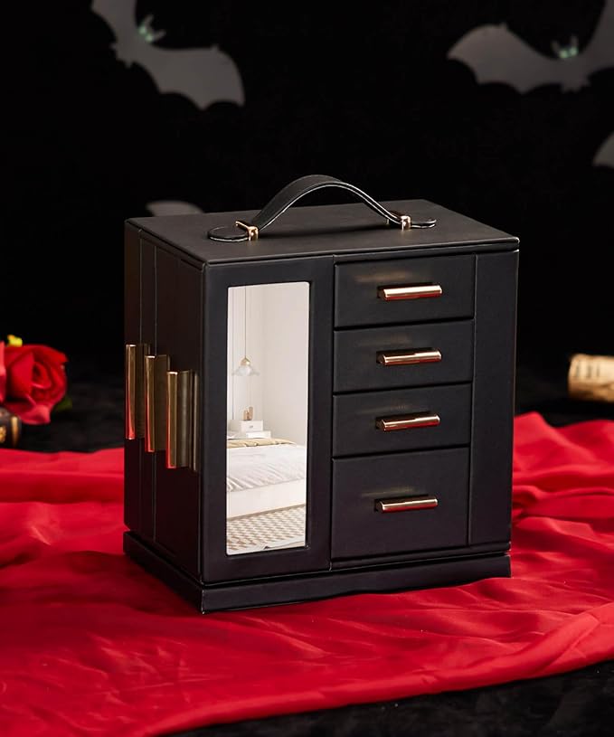 Homde Christmas Gifts Jewelry Box 360° Rotating, Necklace Earring Organizer with Transparent Window, Mirror, 7 Drawers, Large Ring Display Storage Case for Girls Women (Black + Red)