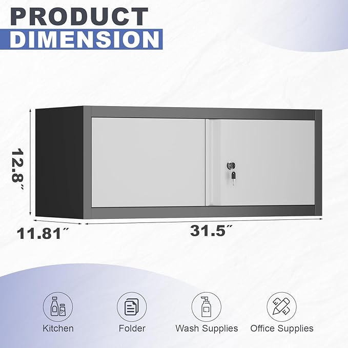 Metal Garage Storage Cabinet, Locking Cabinet Wall Mounted, 12.8" H Floating Cabinet for Warehouse, Upper Tool Cabinet for Home Office, Basement, Kitchen, RV Organization