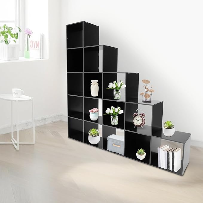 15 Cube Storage Organizer with 154 lbs Capacity, Bookcase for Study Room Bedroom Living Room, Black Ladder Cube Storage Unit for Books Toys Decor, L-Shaped Corner Bookcase Shelf
