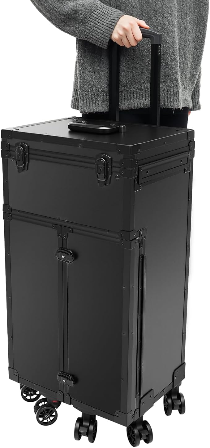 Cosmetic Train Case,Makeup Organizer Travel Case with Multiple Compartments,Rolling Makeup Case,Professional Makeup Casewith Wheels for Make-up Artists,66Lbs Load-Bearing (Black-6 Wheels)