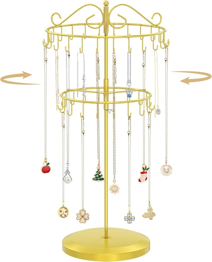 MODOWEY Rotating Necklace Holder Organizer Display Stand with 42 Hooks, 2 Tier Adjustable Metal Tree for Long Necklace Hanger Selling, Tall Spinning Bracelet Storage Rack for Men Women, Gold