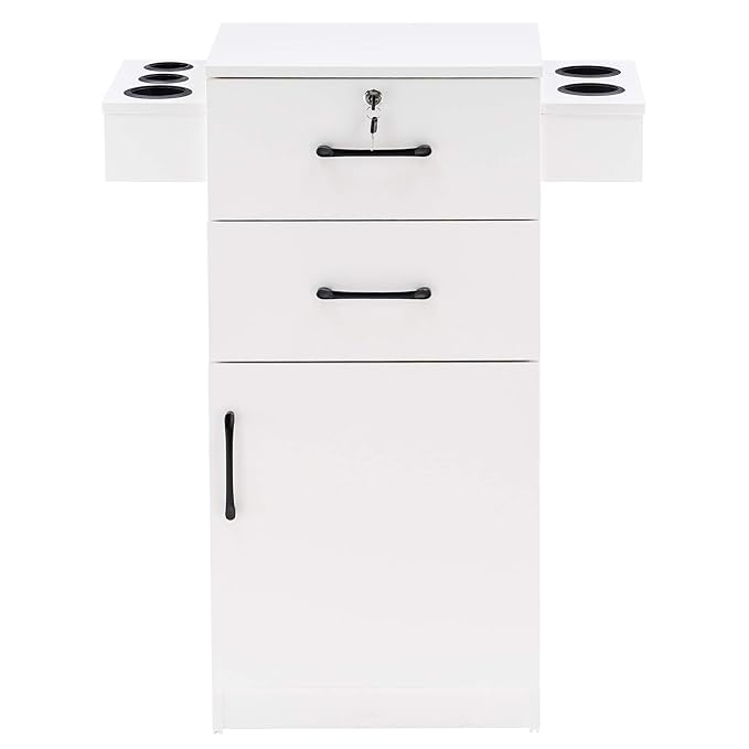 BarberPub 38"x18"x14" Locking Beauty Salon Storage Cabinet, Barber Styling Station with Nylon Hair Dryer Holder, Barber Shop Stylist Equipment with Drawers 2021 (White)