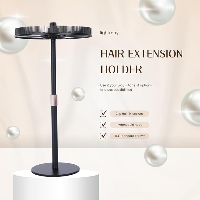 Adjustable Hair Extension Stand – Matte Black Metal, 11"–17.5" Height, Tangle-Free Storage & Display for Bangs, Clip-Ins, Color Strips, Colored Clip Hair Extensions & More, Non-Slip Base, Easy Assembly