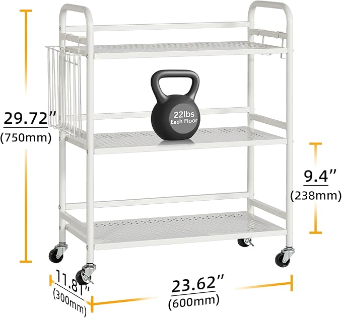 HDANI 3 Tier Metal Mesh Utility Cart,Large Capacity Multipurpose Heavy Vehicle,Rolling Trolley with to Hooks and One Basket(White)