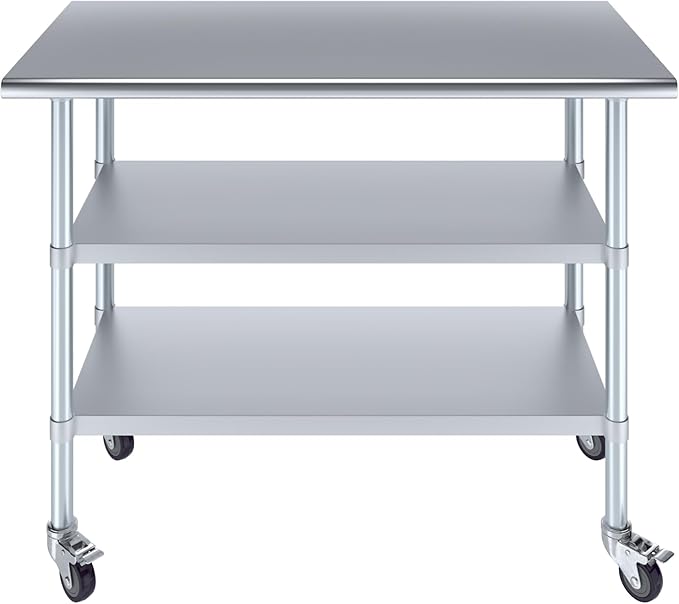 AmGood Stainless Steel Work Table with 2 Shelves and Casters | Metal Utility Table On Wheels (Stainless Steel Work Table with 2 Shelves + Casters, 48" Long x 24" Deep)