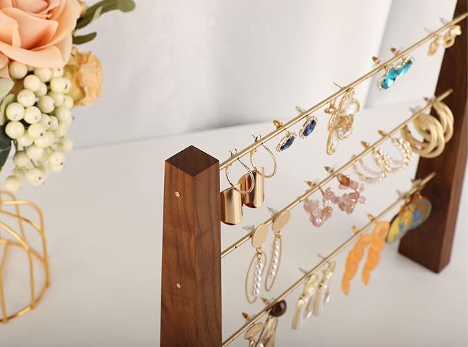 GemeShou 3 Tiers Walnut Earring display stands for selling, Wooden Jewelry Shelf, Earring Storage Organizer, Brass earring holders with 42 holes for stud Dangle Hoop【Walnut 3-Tier Height 9.45"】