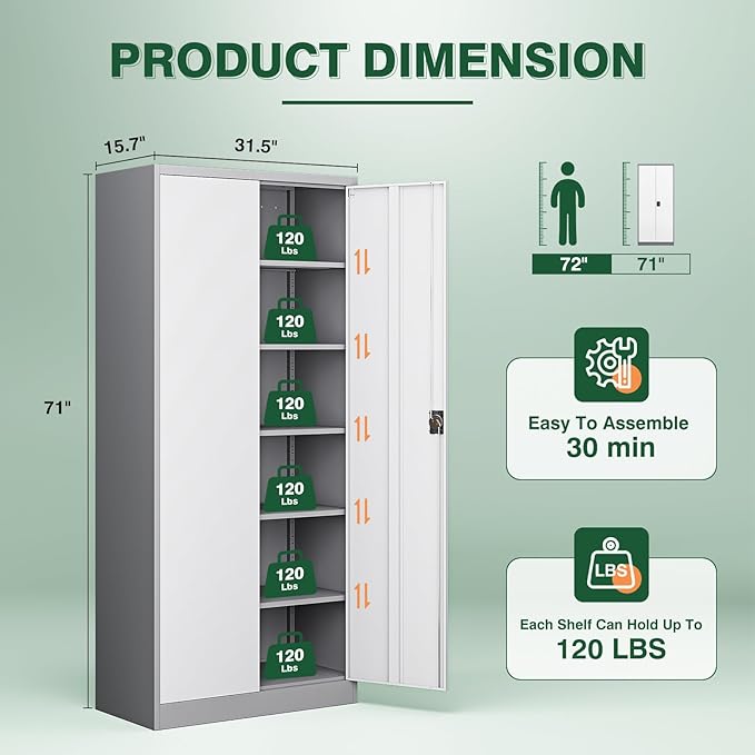 Letaya Metal Garage Storage Cabinets with Lock Door and Adjustable Shelves, Steel Tool Cabinets for Home,Office,Warehouse Organisieren (Gery White, 71" H)