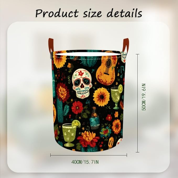 Laundry Baskets 15.7x19.7 Inch Day of the Dead Skull Guitar Cocktail Design Collapsible Laundry Hamper with Handles Oxford Fabric Clothes Storage Bin Foldable Dirty Clothes for Bedroom Bathroom