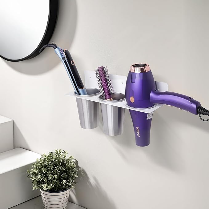 Hair Tool Organizer, Hair Dryer Holder wtih 2 Cups, Hot Tool Organizer Wall Mount for Bathroom Hair Dryer and Straightener for Styling Accessories, Flat Iron, Blow Dryer PTALSEAW