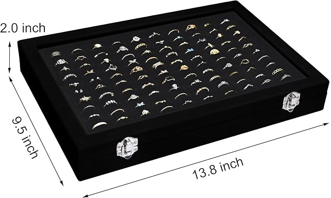 Velvet Ring Display Tray Organizer Box with Transparent Lid, 100 Slot Ring Holder Showcase For Store Display Jewelry Show Home, Ring Organizer For Rings Earrings (Black)