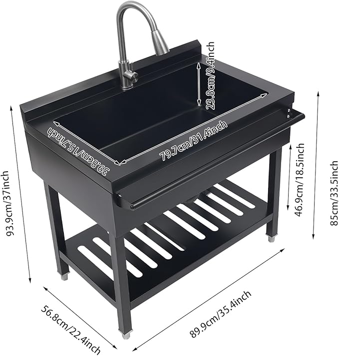 Stainless Steel Utility Sink, Free Standing Single Bowl Kitchen Sink with Pull-Out Cold/Hot Faucet, Splashback & Storage Shelf, Large Utility Sinks for Laundry, Garage 35.4 * 22.4 * 37in