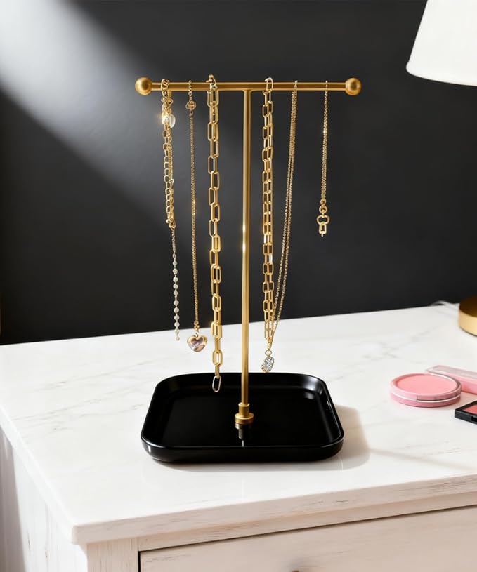 VROOMIUM Necklace Holder- Ceramic Base 1ft Height Jewelry Organizer Stand, Aesthetic Jewelry Hanger Display for Necklaces, Bracelets, Rings, Exhibidor de Collares-Mysterious Black