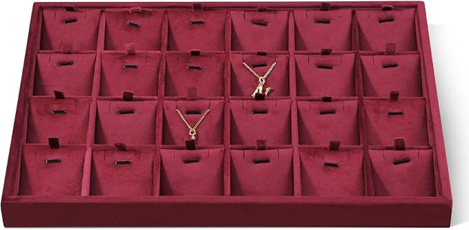 Velvet Necklace Display Tray, Stackable 24 Grid Insert Pendant Necklaces Storage Holder Plate, Jewelry Retail Countertop Organizer (Red)