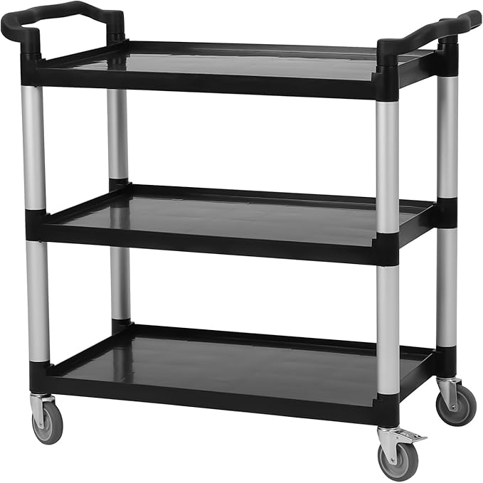 3-Tier Heavy Duty Utility Cart with Wheels, 43" Lx 21" W x 38" H, Durable Rolling Cart for Restaurant, Office, Kitchen, and Warehouse Use, Lockable 360° Swivel Casters Service Cart, Black