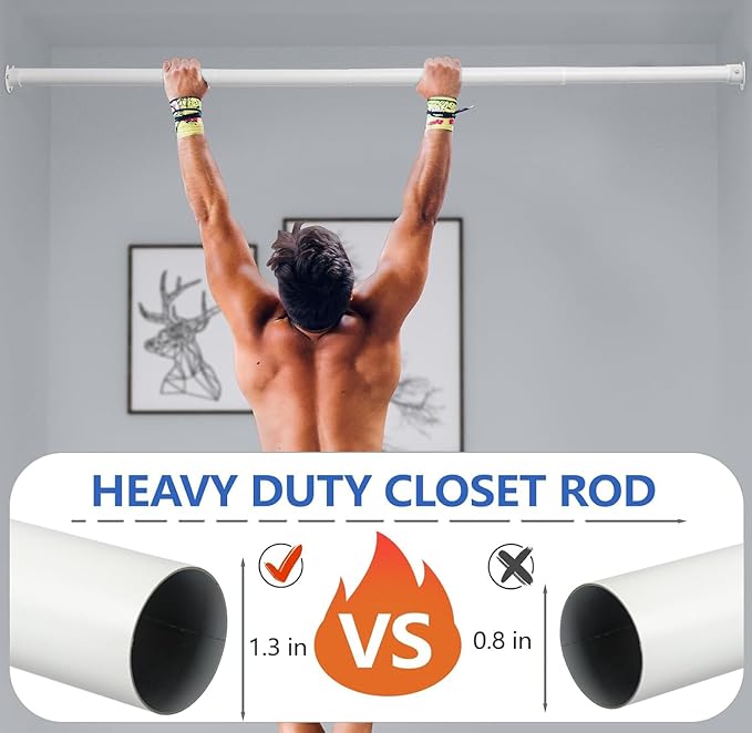 Closet Rod, 17 to 38 Inch Closet Rods for Hanging Clothes, Heavy Duty Adjustable Closet Hanging Rod Bar White Closet Poles for Wardrobes, Closet, Bathroom, Windows,1.3 Inch Diameter