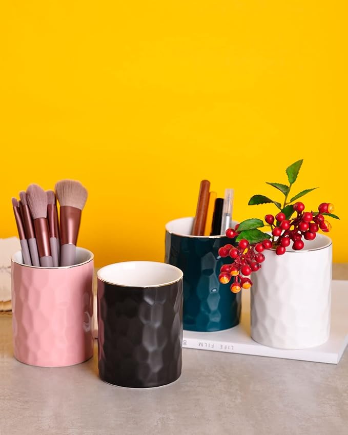 WHJY Ceramic Green Pencil Cup, Makeup brushes Holder, Gold Pen Holder for Desk Cute Small Boho Brush Holder, Modern Geometry Design Pen Holder