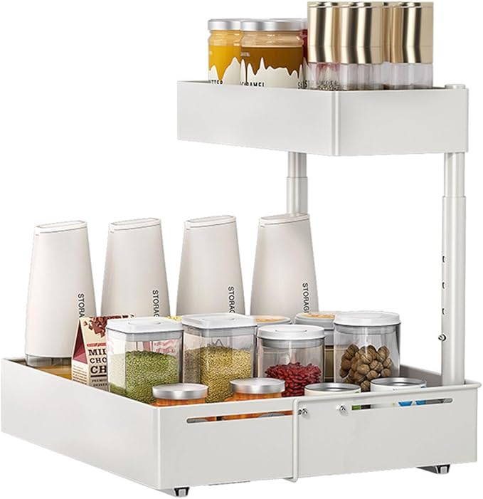 Under Sink Organiser,2 Tier Pull Out Cabinet Organiser,Height Adjustable Out Cabinet Drawer,Multi-Purpose Slide Out Storage Shelves for Home,Kitchen,Bathroom (White) (White)