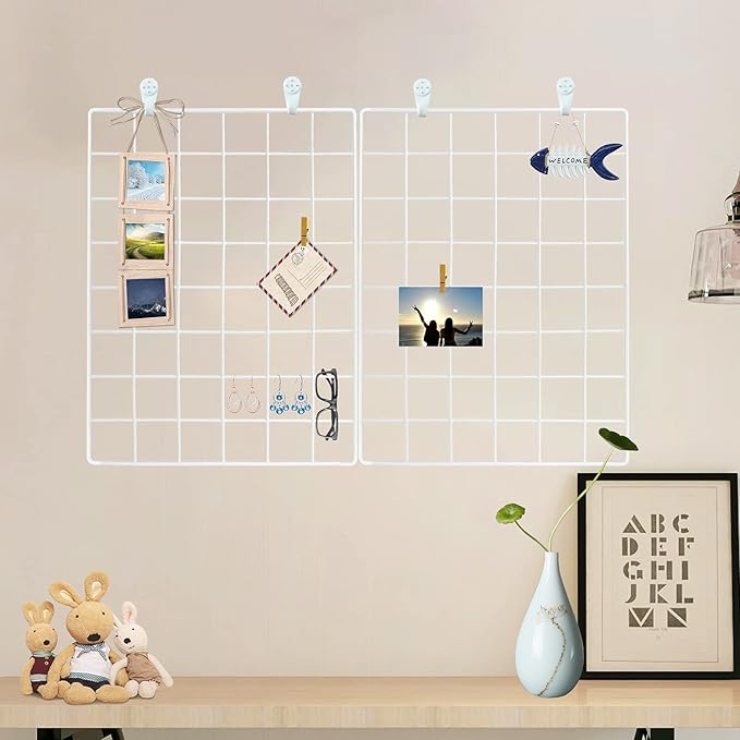 GBYAN Wall Grid 2 Pack Wire Photo Grid Panels Memo Board Wall Organizer (White)
