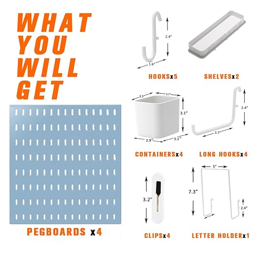 Peg Board Combination Kit, 4 Pegboards with 20 Accessories, Pegboard Wall Organizer for Office, Nursery & Home Storage, Key Holder, 25.6"x25.6" – Nail-Free Installation（Blue）