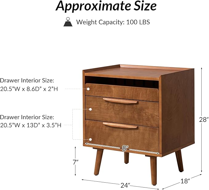 HULALA HOME Nightstand with Charging Station, Mid-Century Modern 2 Drawer and Open Shelf Bedside Tables, Wood Night Stand with USB Ports and Outlets for Bedroom, Acorn