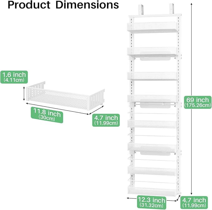 SNTD Over the Door Pantry Organizer - 8 Tier Adjustable Pantry Door Spice Organizer, Large Capacity Hanging Door Spice Rack for Kitchen Pantry Organizers and Storage (White, 12.3" W x 4.7" D x 69" H)