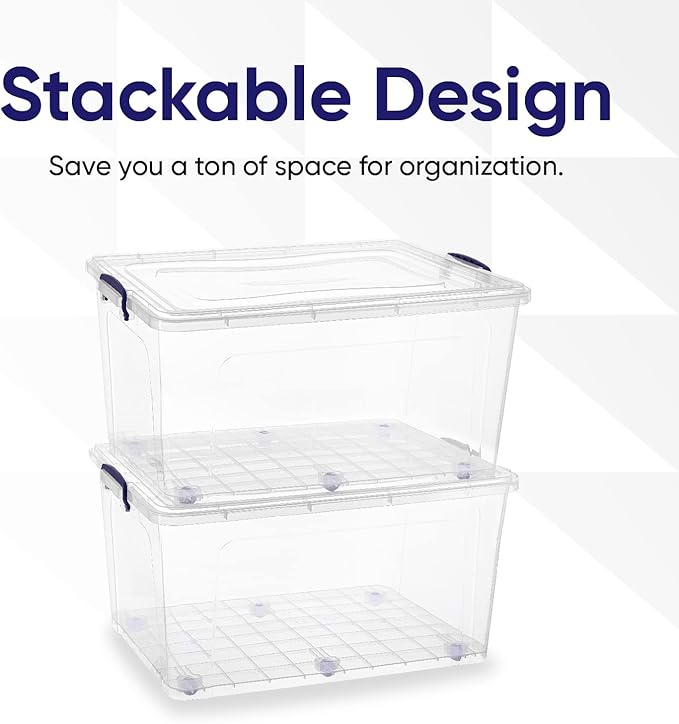 Superio Storage Bins with Lids- Clear Boxes for Organizing, Stackable Plastic Containers- BPA Free, Non-Toxic, Odor Free, Organizer for Home, Office, Dorm (6 Pack, 85 Qt (Wheeled))
