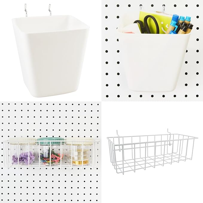 G.CORE Peg Board Organizer 21 Pack, Pegboard Accessories with Baskets Cups Hooks - 1/8" & 1/4" Peg Board Wall Tool Organizers, Utility Holders & Hangers for Garage Craft Workbench (White & White)
