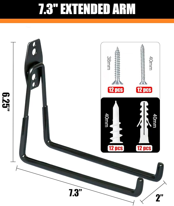 WMK 7.3'' Heavy Duty Garage Hooks, 6 Pack Wall Mount Garage Storage Hooks for Hanging Bike, Ladder, Tools - 100LB Load Capacity, Triple-Welded, PVC Coated (Black)