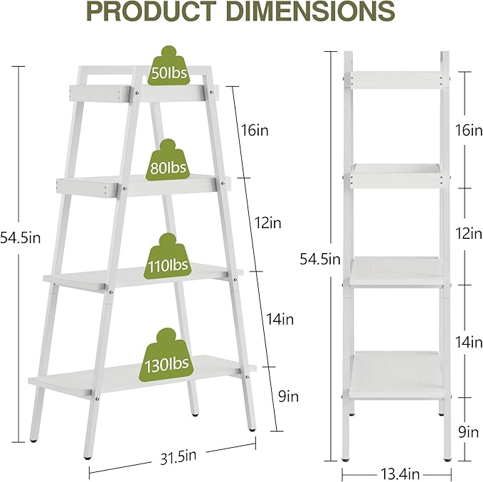 VECELO Ladder Shelf, 4-Tier Bookshelf with Enclosed Edges Design, Wooden Storage Rack Freestanding Bookcase for Living Room Home Office, White