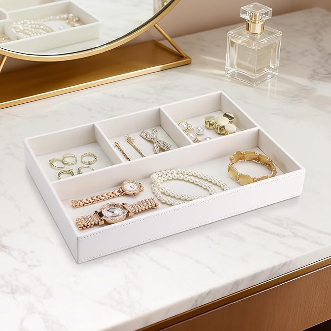 KINGFOM PU Leather Desk Drawer Organizer, 4 Compartment Office Supplies Stationery Storage Tray, Desk Organizers and Accessories Drawer Organizer Tray for Home, Makeup, Jewelry Stackable White
