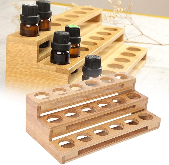 3 Tier Essential Oil Holder Stand, 1.4in Hole Diameter Wood Cosmetic Storage Organizer Rack, Makeup Display Stand for 18 Bottles