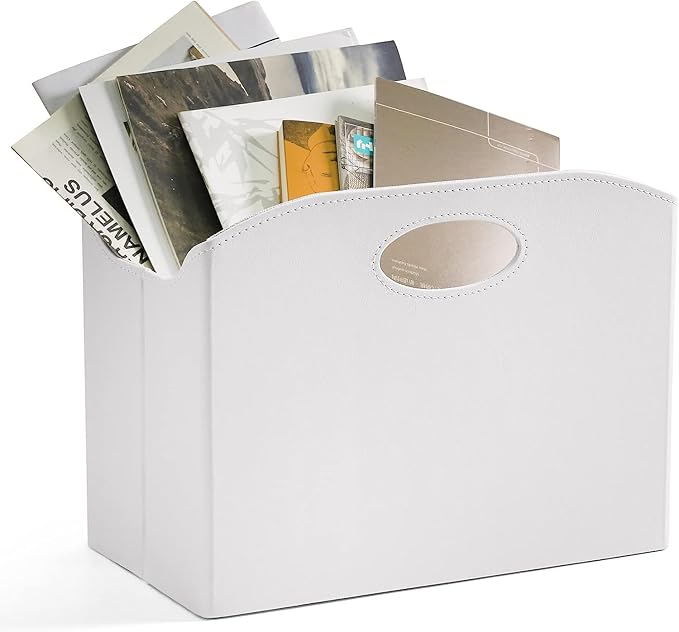 EZDeco Magazine Holder Foldable Magazine Rack Floor PU Leather File Holder Newspaper Book Storage Basket Document File Folder Organizer for Office Home (White-2)