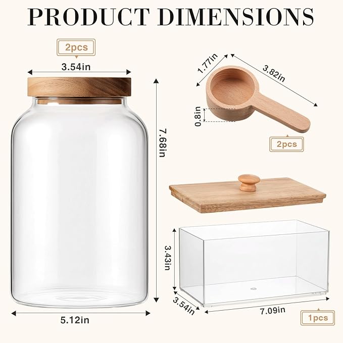 2 Half Gallon Glass Laundry Jars Set 1 Acrylic Dryer Sheet Holder Laundry Pods Container with Acacia Lid 2 Spoon for Powder Detergent Scent Beads Bath Bombs Salt Storage（No Label）