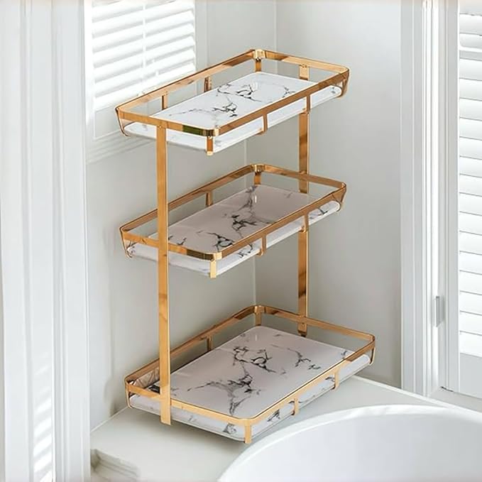 Bathroom Organizer Countertop Perfume Organizer Makeup Cosmetics Storage Display Rack 3 Tier Vanity Tray Dresser Stainless Steel Gold Shelf White Marble Ceramic Tray (Gold, L)