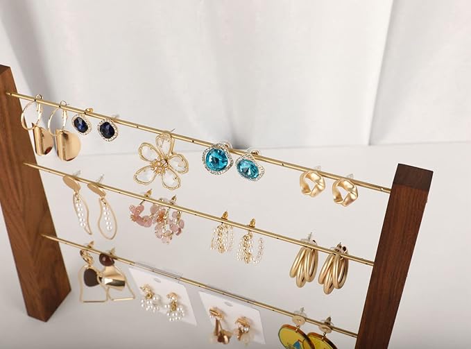 GemeShou 3 Tiers Walnut Earring display stands for selling, Wooden Jewelry Shelf, Earring Storage Organizer, Brass earring holders with 42 holes for stud Dangle Hoop【Walnut 3-Tier Height 9.45"】