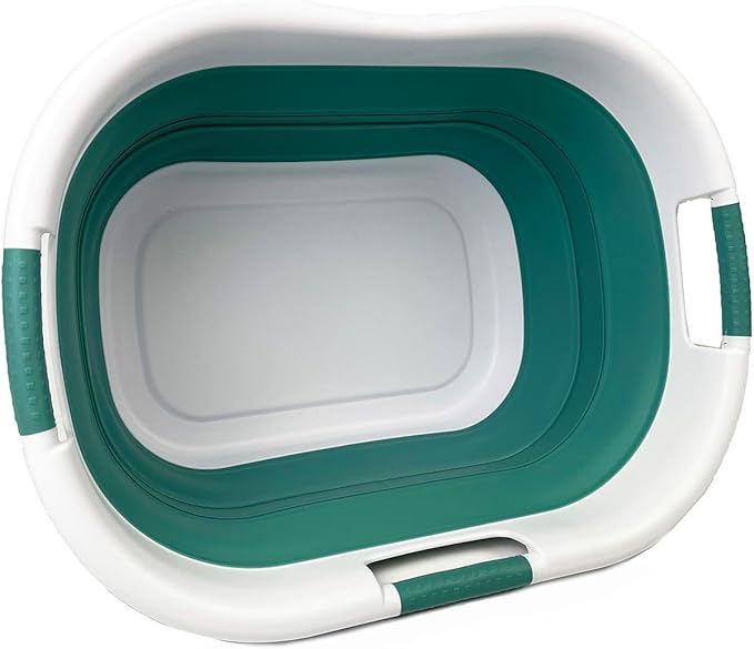 SAMMART 40L (10.5 gallon) Collapsible Plastic Laundry Basket - Foldable Storage Container- Portable Washing Tub - Space Saving Hamper (1, White/Celadon Green)