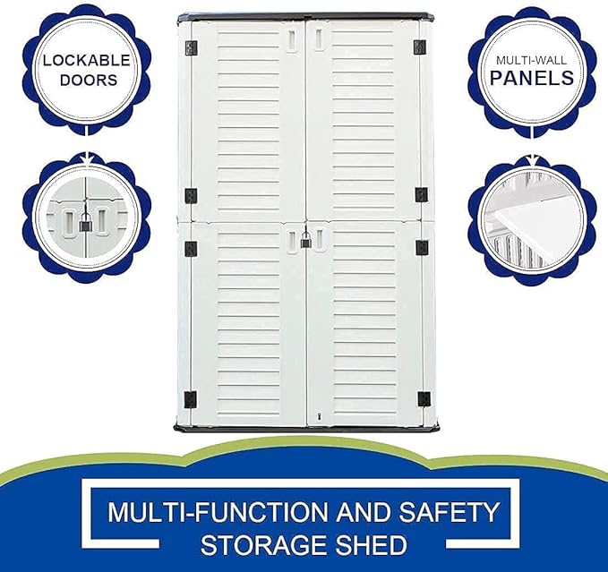 KINYING Outdoor Storage Shed Waterproof, Resin Vertical Storage Cabinet Double-Layered, Versatile to Store Patio Furniture, Garden Tools, Pool Accessories,Mower (66 Cu.ft,White)