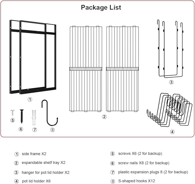 31 Inch Pot Rack Wall Mounted, 2-Tier Hanging Pots and Pans Organizer Expandable Heavy Duty Kitchen Shelves with 6 Pot Lid Holders and 12 Hooks for Kitchen Cookware Utensils Storage
