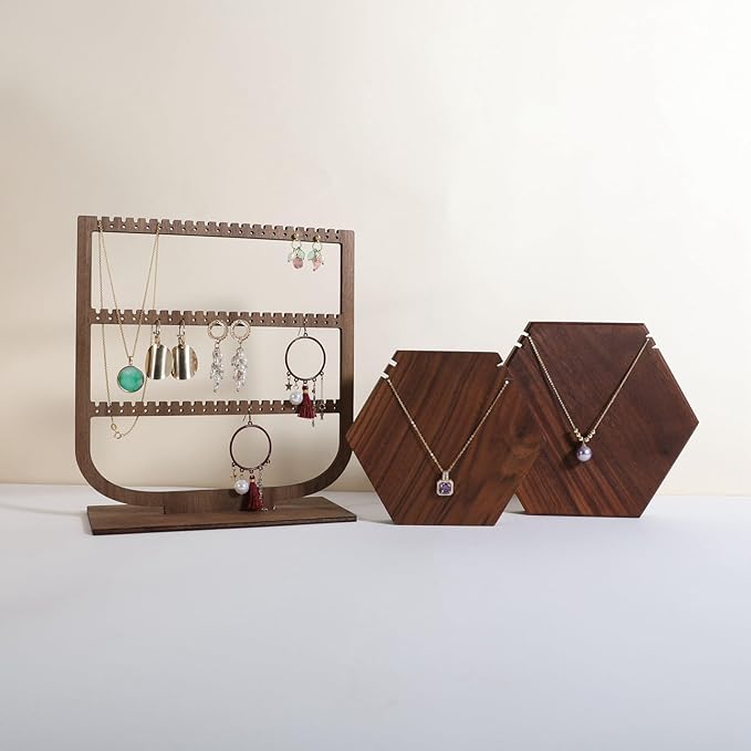 GemeShou wooden hanging jewelry organizer, walnut jewelry display holder for selling, dangle necklace storage shelf, 3 tier earring display stands for selling【Jewelry shelf-3 tier】