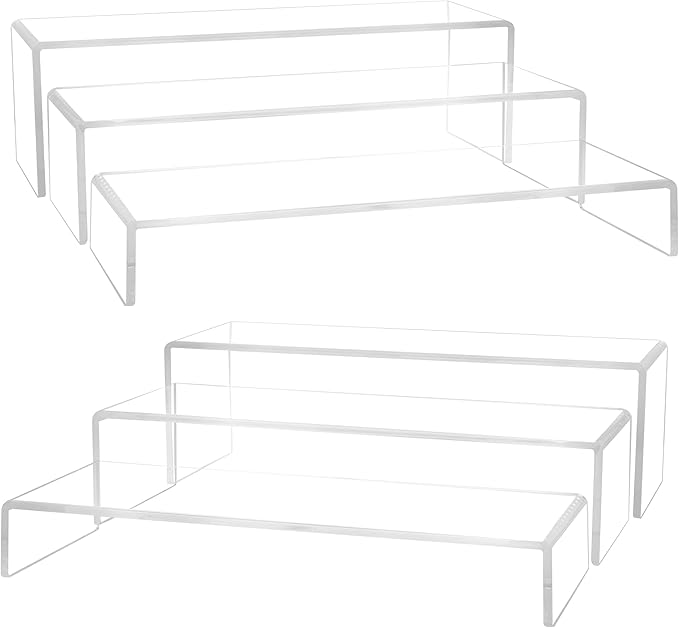 Large Acrylic Display Risers, 2 Set - 6 Pack (12”L~11.6”L~11.2”L) Collectibles Display Shelf, Acrylic Risers Display Stands for Show Figures, Cupcake, Perfume, Jewelry, Toys