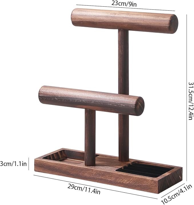 ByKen Necklace Holder,Bracelet Holder,Jewelry Organizer Stand with Earrings Rings Tray,Jewelry Holder for Scrunchie Watches (Wood)