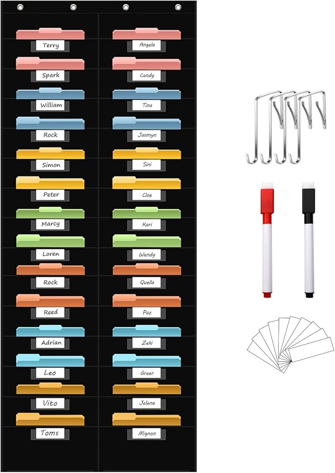 28 Pocket Hanging Wall File Organizer with 28 Name tag Pockets, File Storage Pocket Chart for Classroom and Office Use. Keeps Assignments, Files, Scrapbooks, and Papers Neatly Organized.