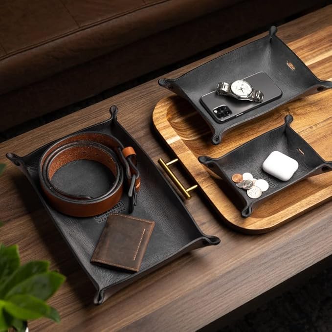 Main Street Forge Leather Valet Tray for Men – Rustic EDC Organizer for Keys, Phone & Wallet – Made in USA – Bootlegger Brown