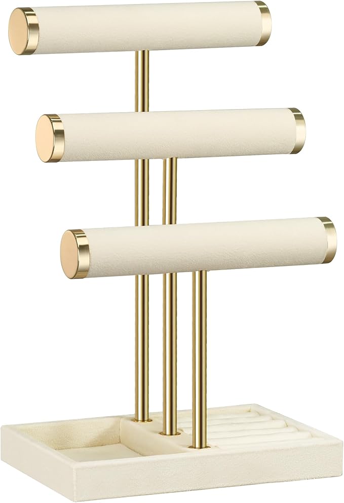 3 Tier Bracelet Holder Display - Detachable T Bar Beige Velvet Bracelet Holder, Jewelry Holder Organizer for Bracelet, Necklace, Watches, Rings