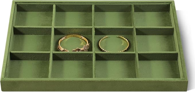 Velvet Stackable Jewelry Display Tray, 12 Grid Watch Bangle Bracelet Storage Tray, Makeup Drawer Insert Jewelry Shop Organizer Plate (Olive Green)