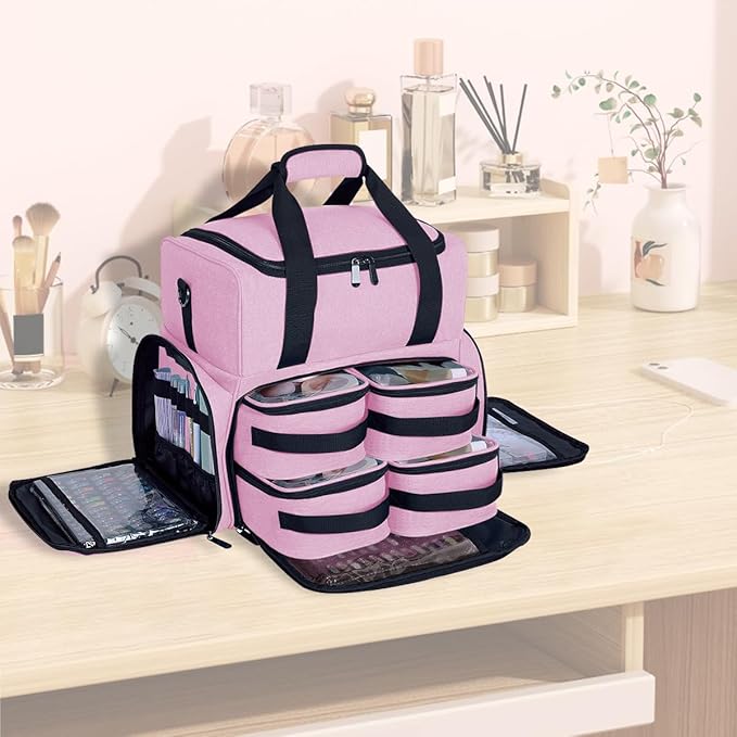 Large Cosmetic Bag with 4 Removable Case and 2 Removable Dividers Double Layer Travel Storage Organizer, Makeup Brushes Storage Section Pink