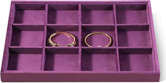 Velvet Stackable Jewelry Display Tray, 12 Grid Watch Bangle Bracelet Storage Tray, Makeup Drawer Insert Jewelry Shop Organizer Plate (Purple)